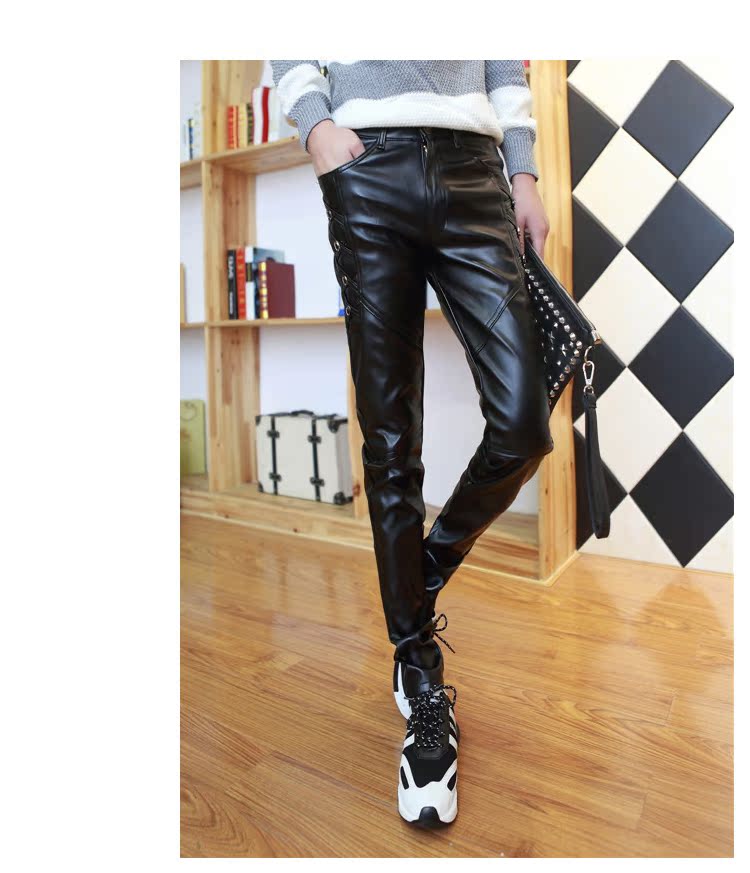 Phiên bản Hàn Quốc của quần skinny nam xu hướng quần PU thông thường quần mùa thu sinh viên bó sát chân xe máy quần lửng nam