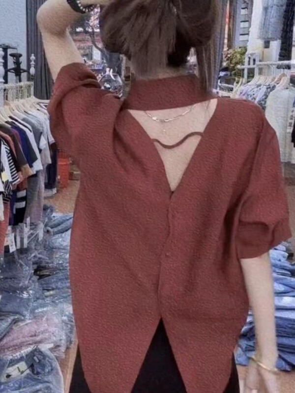 International Brand Clearance Sale, Cut-Label Chiffon Short-Sleeve Backless Shirt for Women, Niche Hollow-Out Back Top
