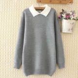 【Зазор】 Цветрированная кукольная воротника. Пуловый свитер большой размер женский жирный мм тонкий горизонтальная полоса рубашка yy9577