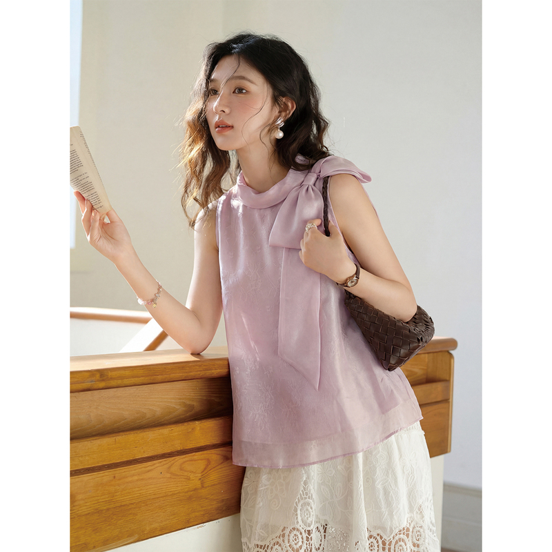 French-Style Sleeveless Shirt for Women with Bow Tie, Comfortable Purple Shirt Top, Thin Summer Style