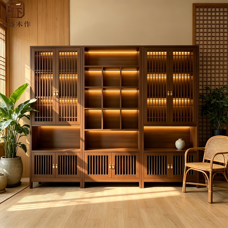 New Chinese-Style North American Black Walnut Wood Display Cabinet, High-End Multi-Purpose Cabinet for Hotels and Guesthouses, New Chinese-Style Solid Wood Floor Cabinet