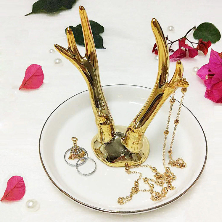 Eurostyle Ceramic Jewelry Pan Golden Deer Corner Jewellery Pan Ring Jewelry Plated Foreign Trade Creative Animal Swing