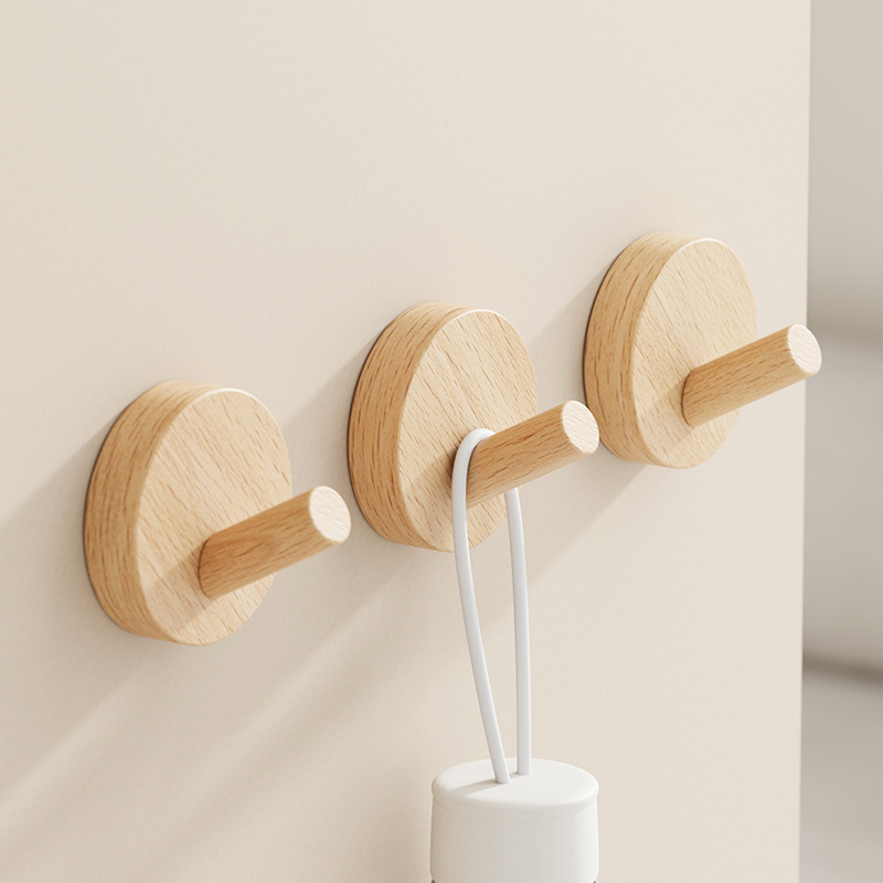 Creative and Cute Adhesive Hooks with Strong Glue, No-Drill Hooks for Hanging Clothes, Wall-Mounted Storage Rack Hooks for Behind the Door, Solid Wood