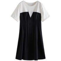 Single-bundle plus size womens contrasting color fake two-piece apple-shaped dress for women summer waist A-line skirt