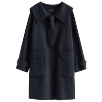 Single bundle large size womens full wool college style tie double-sided woolen coat womens winter fat MM woolen coat