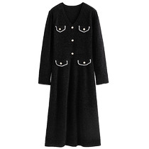 One-piece large size small fragrant style retro V-neck knitted dress for women covering the crotch and slimming with inner skirt