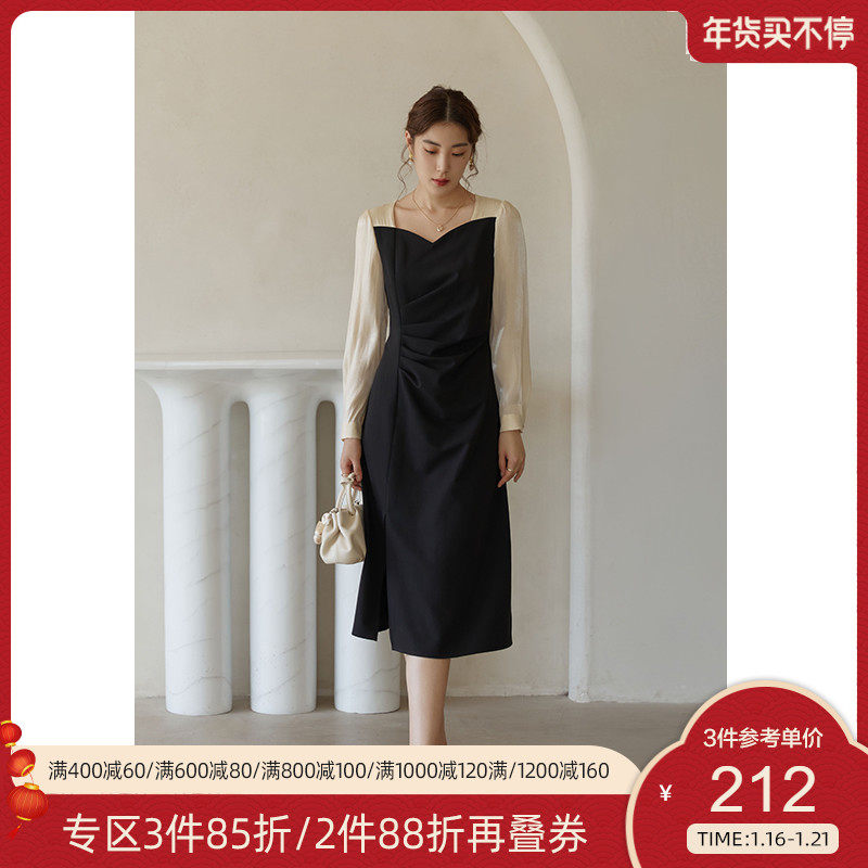 Single bunch size dress women autumn and winter 2021 New slim long sleeve square collar slightly fat mm retro dress mosaic long skirt