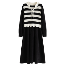 Single bundle plus size womens striped V-neck knitted dress winter new elegant stand-up collar mid-length fresh skirt