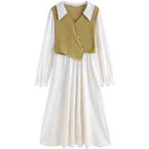 Single-bundle plus size womens V-neck knitted patchwork contrast dress 2024 autumn new style gentle and fat MM long skirt