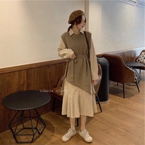 2021 new autumn Korean temperament French pleated shirt dress irregular knitted vest light mature wind