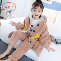 Childrens pajamas girls autumn and winter coral velvet thickened mid-length nightgown flannel warm home service suit