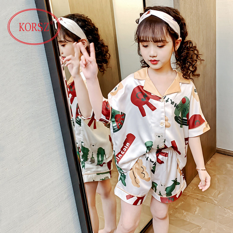 Children's pajamas, girls, Summer Ice Silk, short sleeves, thin girls, big children, Silk Air-conditioned home clothing set