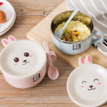 Office worker stainless steel double-layer anti-hot noodle bowl student cute little rabbit with lid with spoon instant noodle bowl set