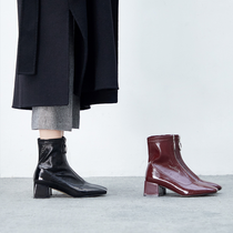 (Double Song) Korean version 2019 new coarse heel short boots female spring autumn single boot lacquered leather zipper Martin boot