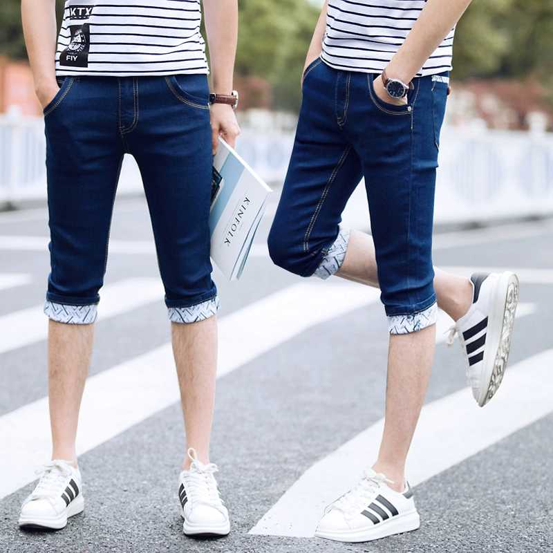 Mùa hè quần jeans bảy điểm nam phong cách Hàn Quốc quần short ôm sát sinh viên thủy triều quần short nam giản dị năm điểm - Quần jean