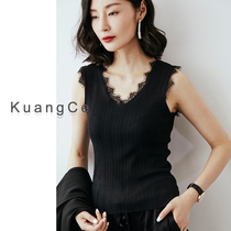 Kuangshu sleeveless Ice Silk vest female lace edge black and white sexy camisole female outer wear professional inner knitting