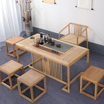 New Chinese ash wood paint-free tea table and chair combination Solid wood Zen Kung Fu tea table Living room club tea room tea table