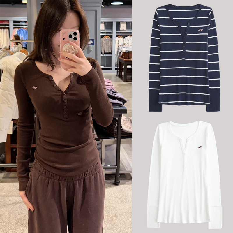 Little Seagull Henry Shirt with Brown Slim-Fit Knit Top, Red Label Long-Sleeve T-Shirt, Base Layer Top for Women Little Seagull Henry Shirt with Brown Slim-Fit Knit Top, Red Label Long-Sleeve T-Shirt, Base Layer Top for Women