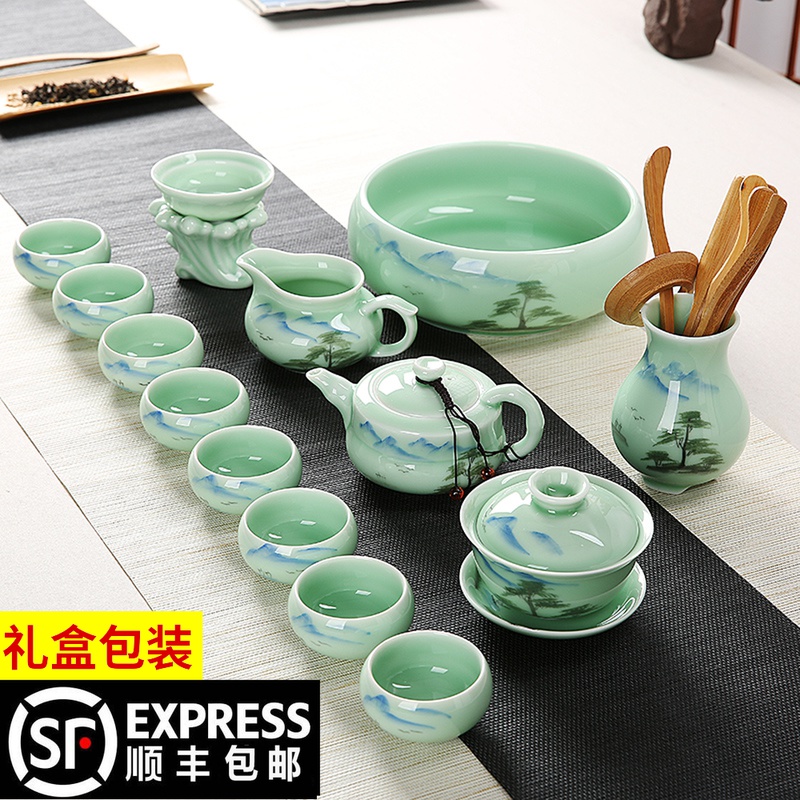 Chengxian Jingdezhen ceramic kung fu tea set whole set of household tea ceremony set blue and white porcelain tea set office teapot teacup