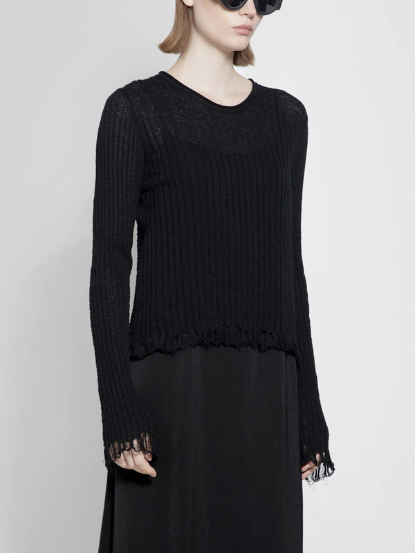 24 Early Autumn Independent Designer Relaxed Style Irregular Hollow-Out Distressed Ribbed Knit Crew Neck Sweater