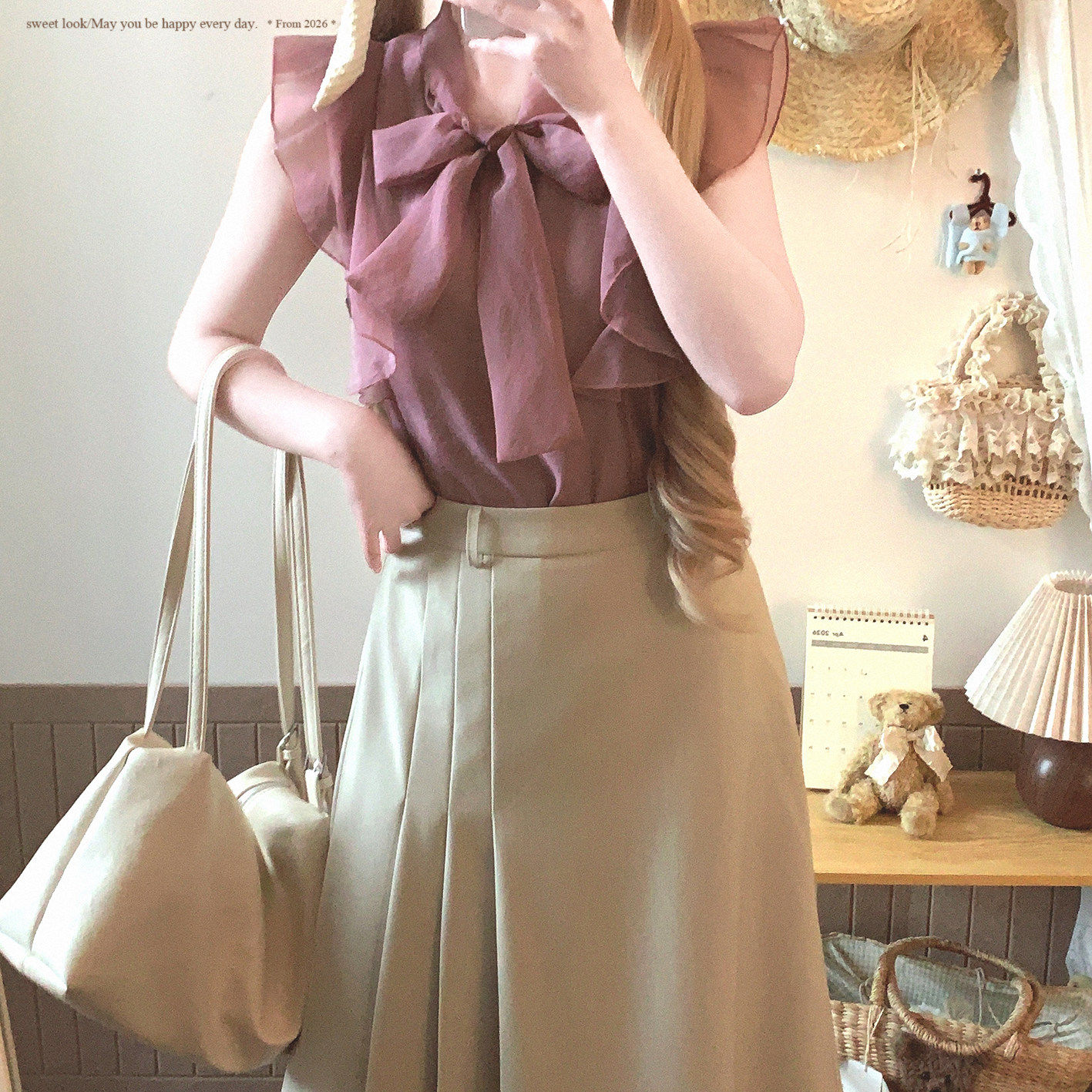 Last order clear Japanese gentle style small fly sleeves stand collar bow chiffon shirt