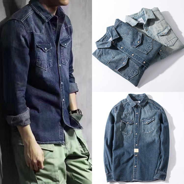 Foreign trade Export UK men's body washed up to make old precious stones buckle denim long sleeve shirt thick solid denim