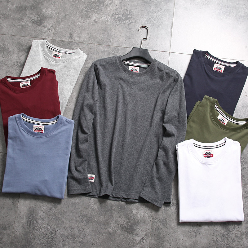 Foreign trade factory tail goods autumn men's slim body washed cotton wool fabric solid color bottoming casual long sleeve T-shirt