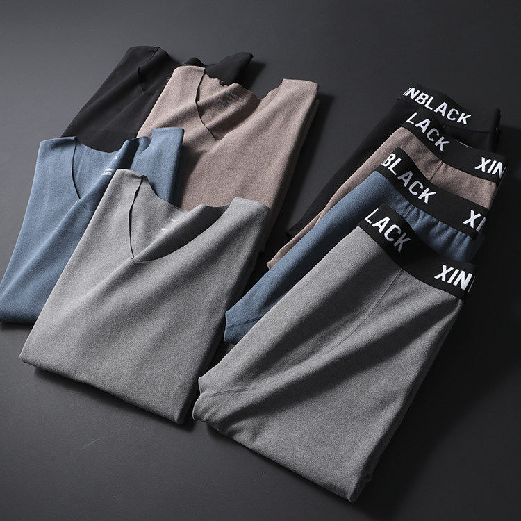 Foreign trade Factory tailstock Black tech self-heating lingerie suit Winter men's scratchless V collar close-fitting sweatpants