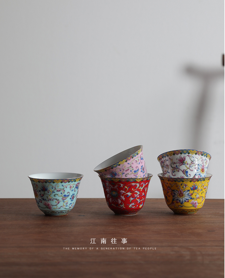 Jiangnan past colored enamel porcelain kung fu tea set suit household tureen tea cup of the tea pot of a complete set of gift boxes