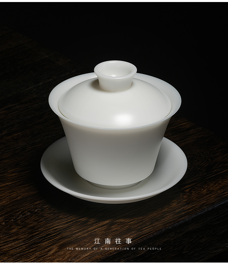 Jiangnan past dehua suet jade manual white porcelain tureen tea set, ceramic tea tureen three cups of a single