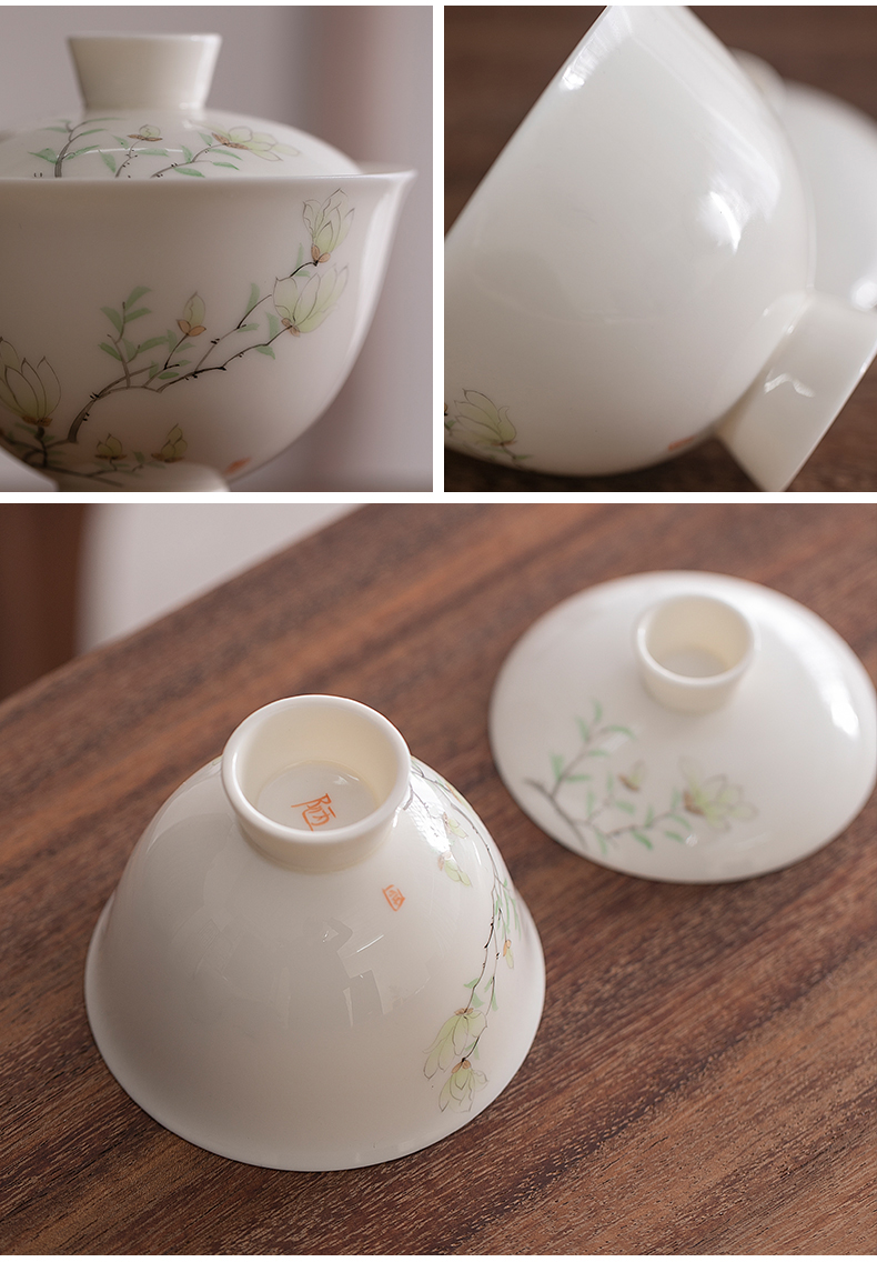 Jiangnan hand draw yulan tureen past pure manual glaze color only white porcelain tureen three cups household single tea bowl