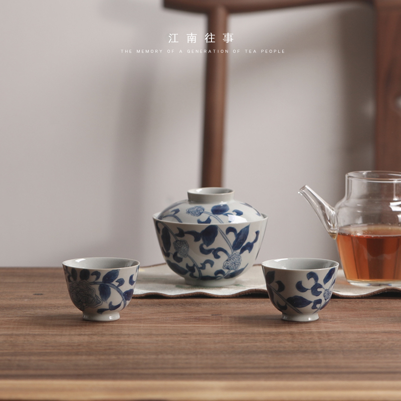 Jiangnan blue and white peony tea cups past master of ceramic kung fu tea set sample tea cup single cup tea tea cup