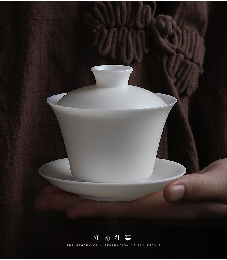 Jiangnan past dehua suet jade manual white porcelain tureen tea set, ceramic tea tureen three cups of a single