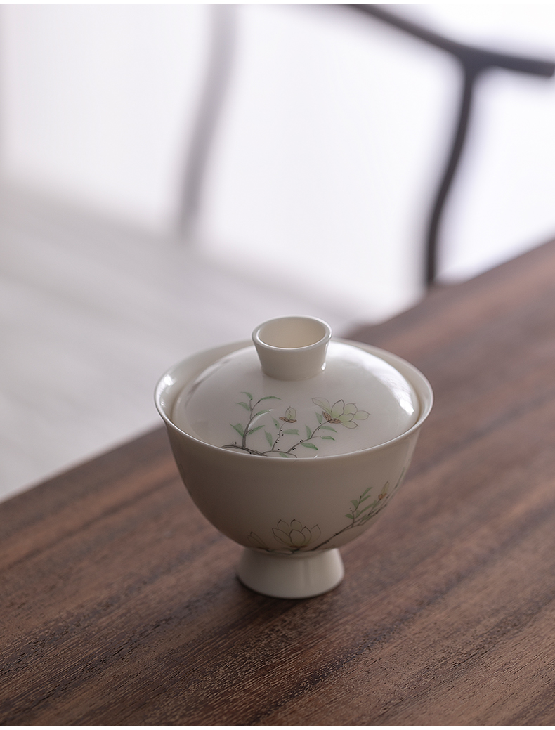 Jiangnan hand draw yulan tureen past pure manual glaze color only white porcelain tureen three cups household single tea bowl