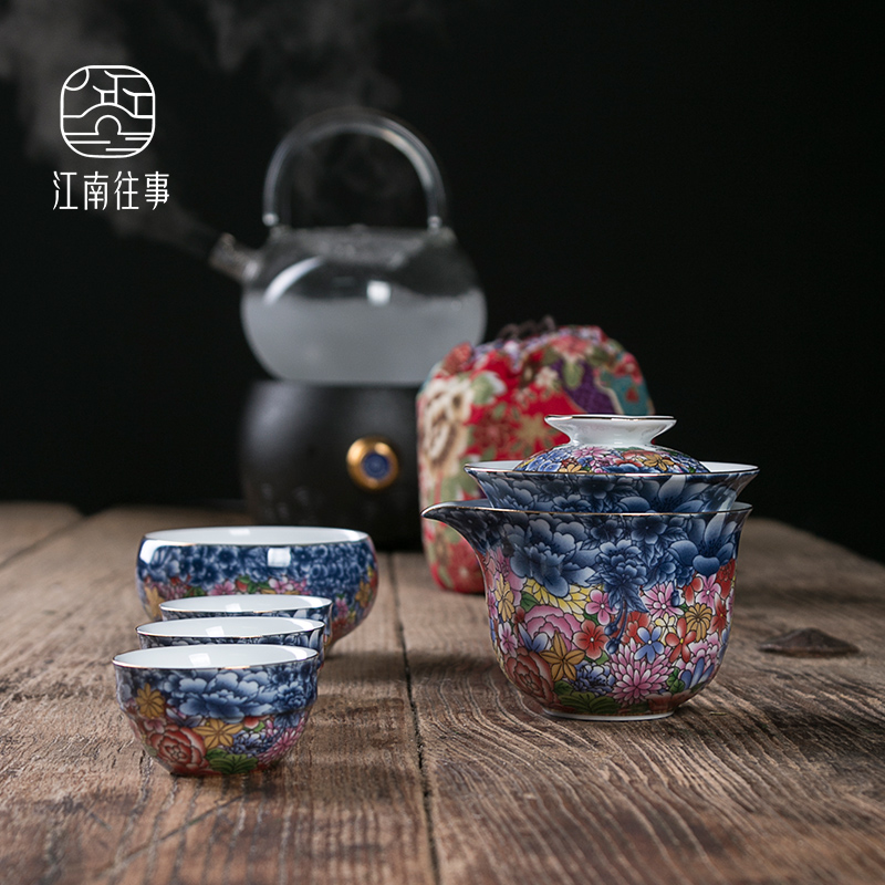 Jiangnan past portable package travel kung fu tea sets household colored enamel porcelain is suing teapot crack cup