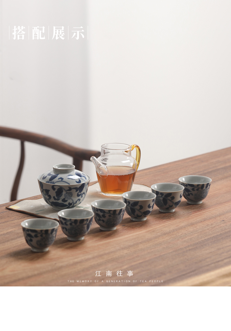 Jiangnan blue and white peony tea cups past master of ceramic kung fu tea set sample tea cup single cup tea tea cup