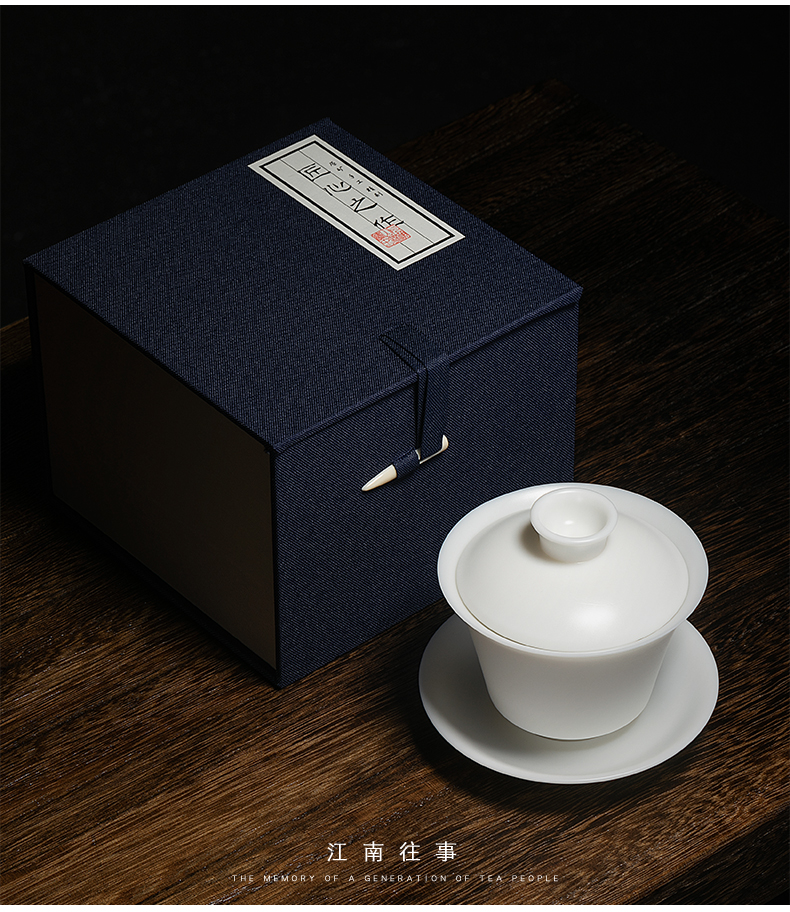 Jiangnan past dehua suet jade manual white porcelain tureen tea set, ceramic tea tureen three cups of a single