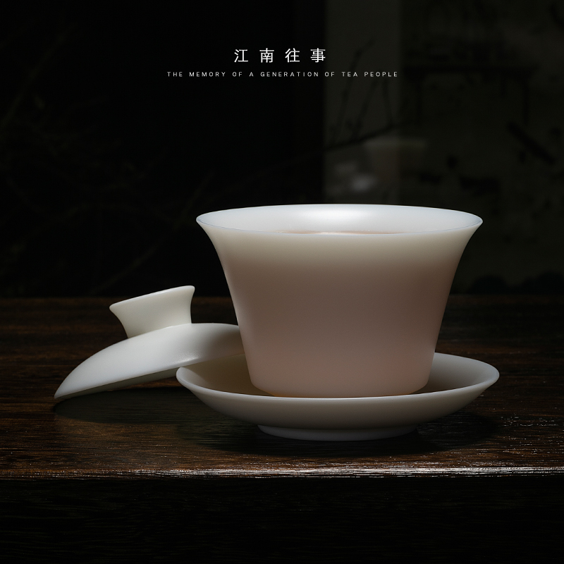 Jiangnan past dehua suet jade manual white porcelain tureen tea set, ceramic tea tureen three cups of a single