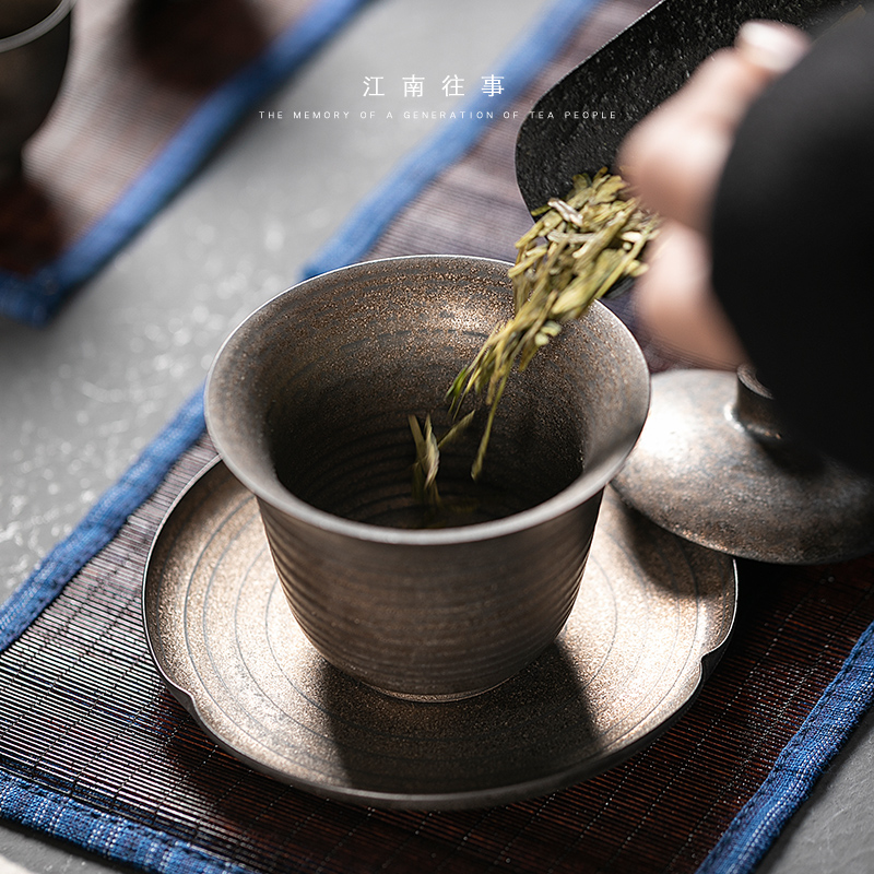 Jiangnan tureen past kung fu suit household ceramic glaze iron hand tea cup tea gift of a complete set of restoring ancient ways