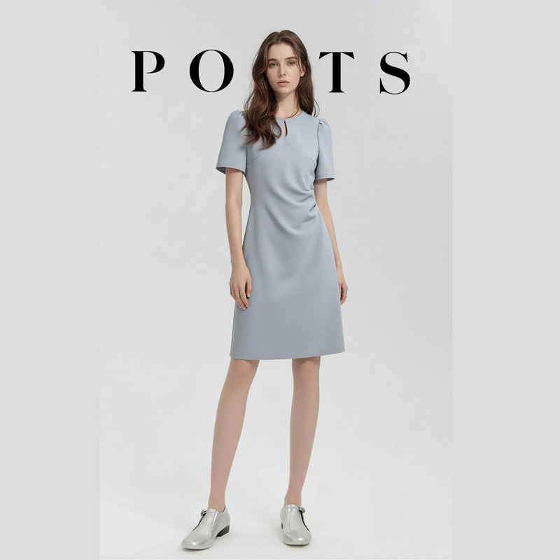 International Top Brand 2026 Summer New Blue Dress for Women, Slightly Cinched Waist, Slimming Design, Short-Sleeve Dress