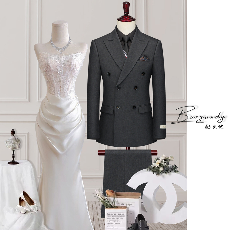 Burgundy High-End Double-Breasted Suit Set for Men, Formal Attire, Groom's Wedding Suit, Interview Business Suit Burgundy High-End Double-Breasted Suit Set for Men, Formal Attire, Groom's Wedding Suit, Interview Business Suit