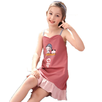 Girls nightgown thin pure cotton girl princess home clothes medium and large children Korean style girl pajamas summer short-sleeved suspenders