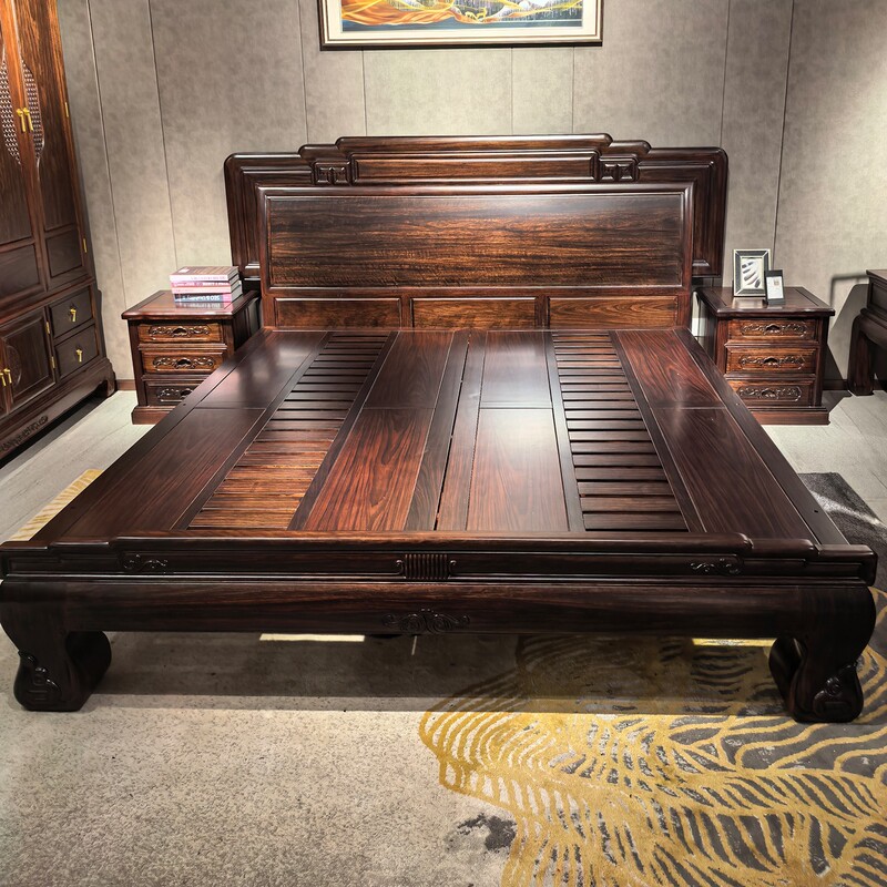 Ebony Wood Solid Wood Bed with Mortise and Tenon Structure, Chinese-Style Bedroom, 2* 2.2m Master Bedroom, Simple Carved Redwood Double Bed