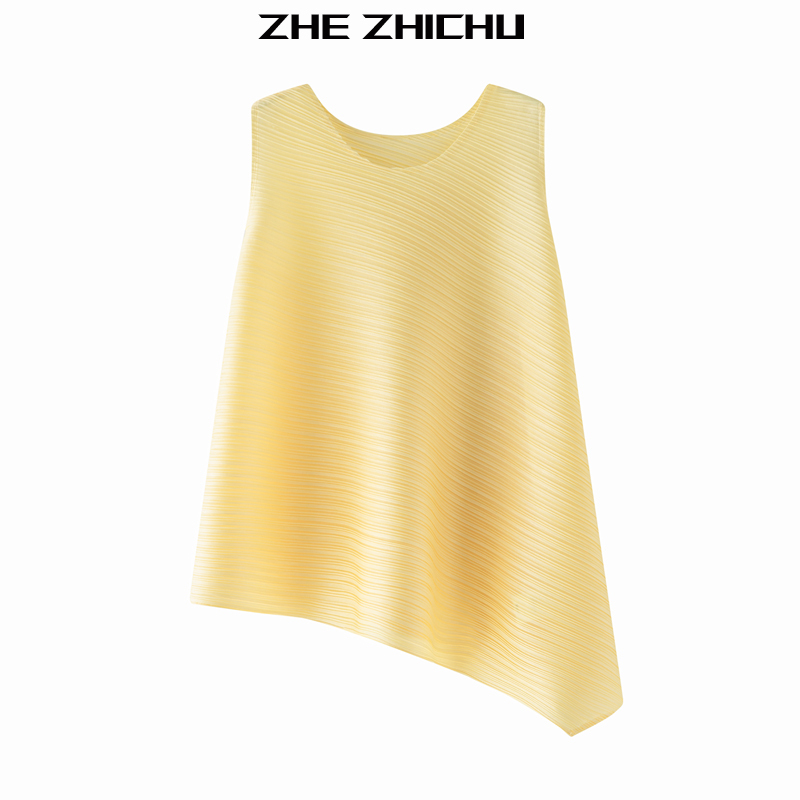 Miyake-Style Pleated Irregular Top for Women, Summer Round Neck Sleeveless Versatile Slimming Tank Top T-Shirt