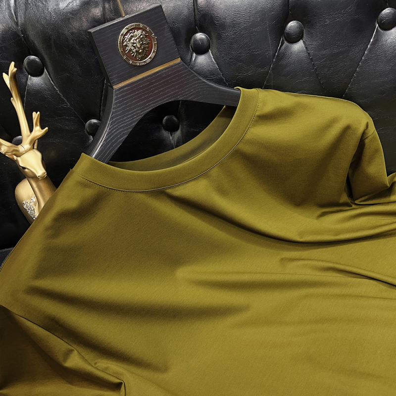Ice Silk Mercerized Cotton T-Shirt for Men, Short-Sleeved, Round Neck, Silky Modal, High-End Feel, Ice Silk Slim-Fit Green Base Shirt
