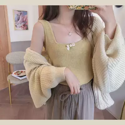 MOBAI gentle and cute milky yellow knitted bow suspender top 2020 autumn new inner back bottoming