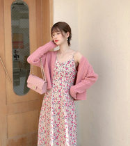 MOBAI Human peach gentle floral sundress V-neck slim slim vintage high-waisted corduroy dress for women