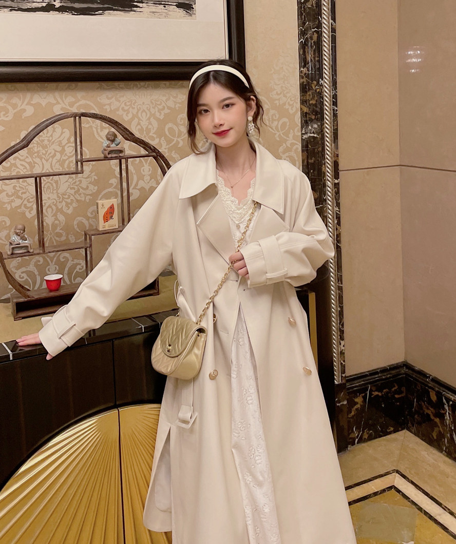 MOBAI Homemade Apricots Color Temperament Design Sensation Windcoat Jacket Lady Autumn Winter 2022 New Medium Long Version Laces Coat