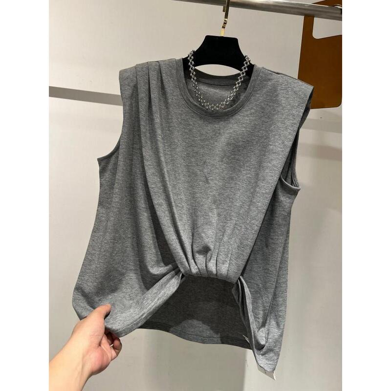 High-End European Goods 2026 Summer New Style Round Neck Asymmetrical Pleated Design Shoulder Pad Sleeveless T-Shirt Women's Top