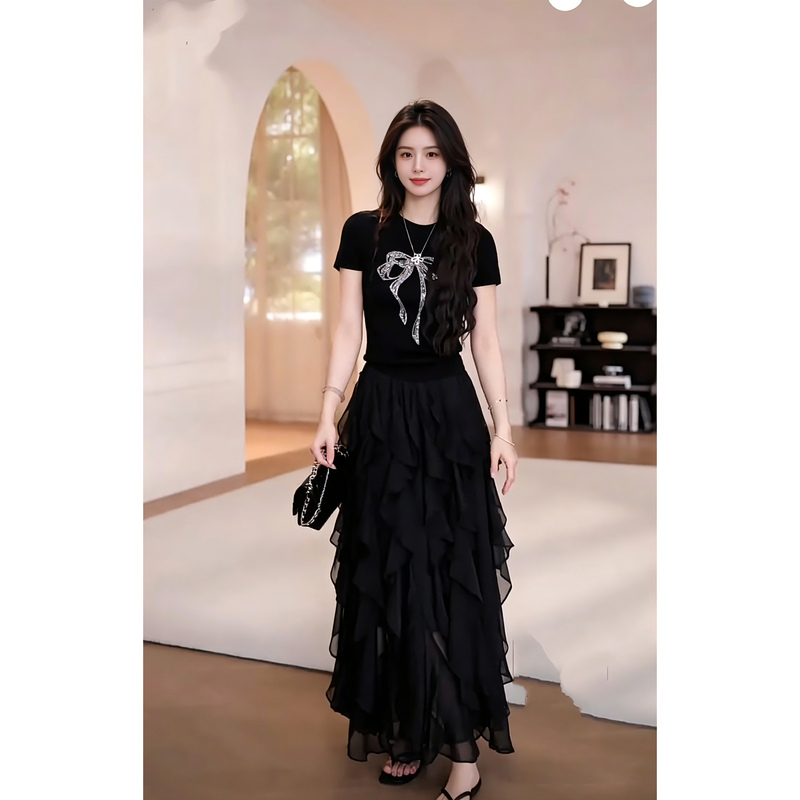 Knitted Top with Rhinestone Bow and Irregular Chiffon Ruffle Cake Skirt Two-Piece Set for Women, Summer Elegant Outfit